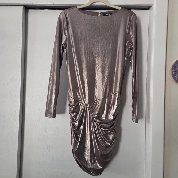 Express Dresses & Skirts - Express S Gold Metallic Ruched Mini Dress Long Sleeves Keyhole Back Stretch